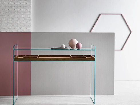 Mobile ingresso in vetro con cassetto in legno Quiller Consolle di Tonelli
